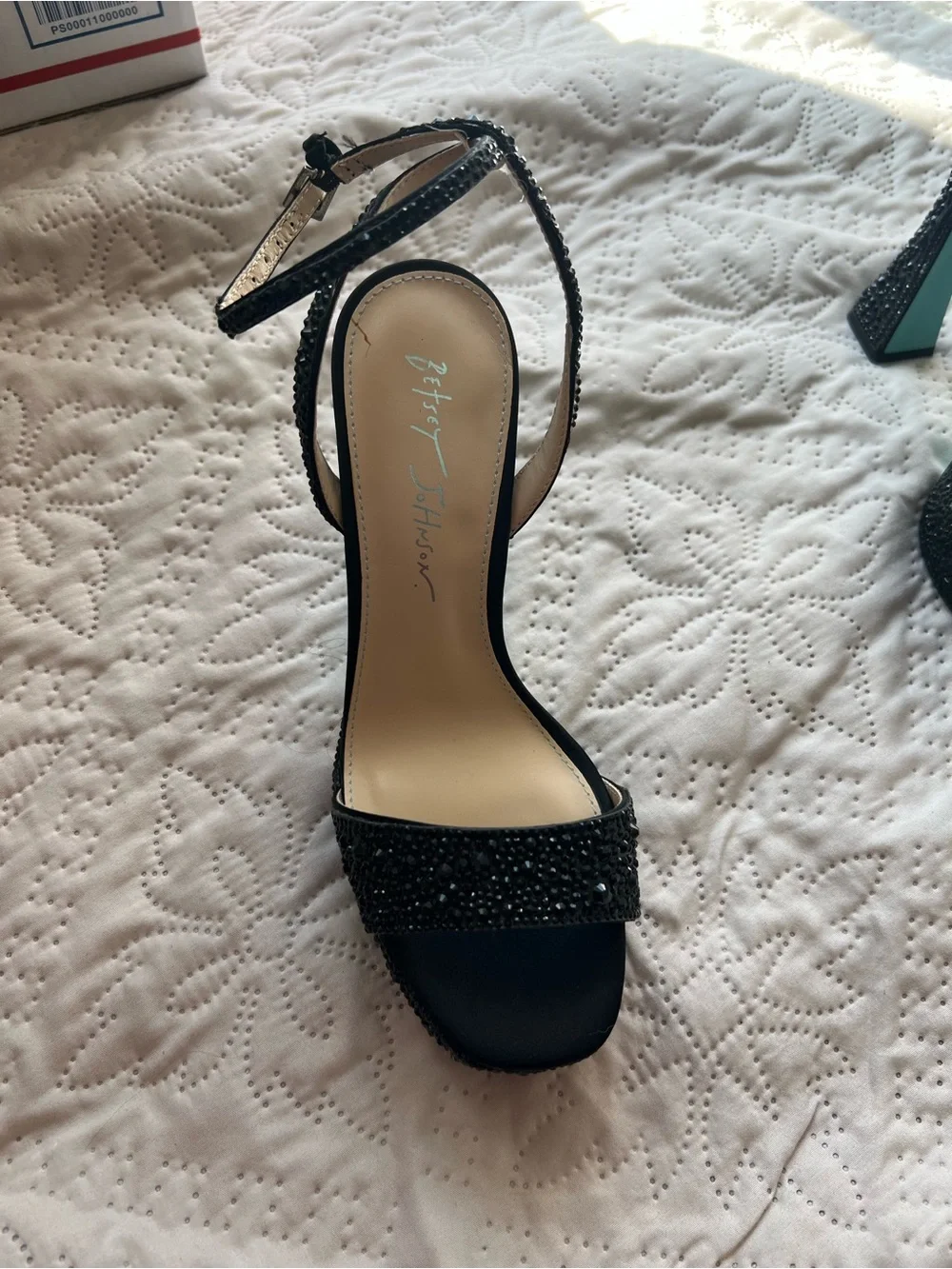 Betsey Johnson Black Beaded Platform Ankle-Strap Heels